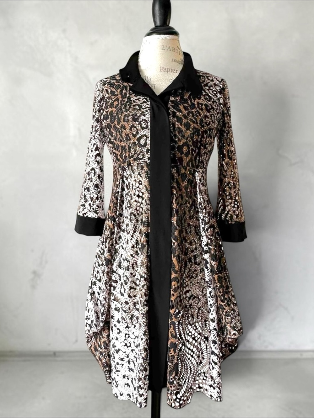 Vintage Joseph Ribkoff Leopard Print Mesh Button Up Jacket Dress Semi Sheer 2